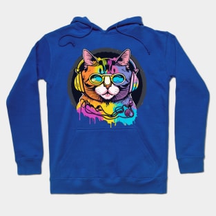 t-shirt design, colorful cat with headphones on, graffiti art psychedelic art, black background, synthwave, colorful Hoodie